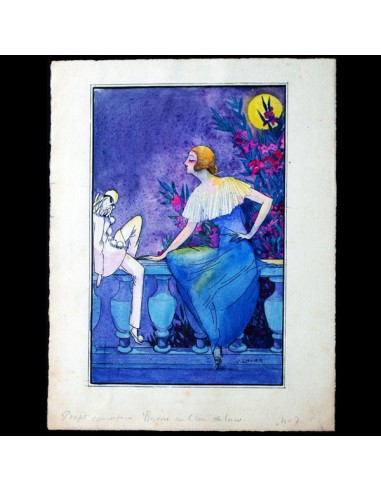 Rêverie au Clair de Lune, aquarelle de Victor Lhuer (circa 1914) de pas cher