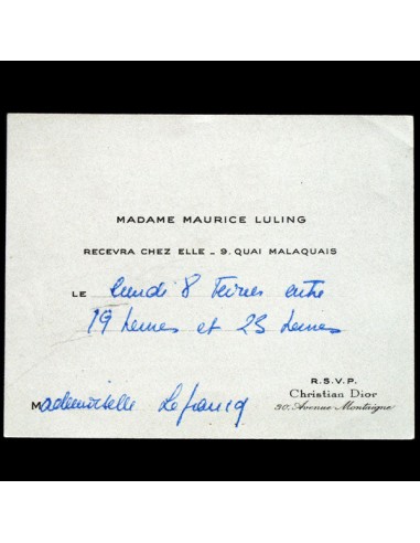 Carton d'invitation de Madame Suzanne Luling de la maison Christian Dior (circa 1956) les ligaments