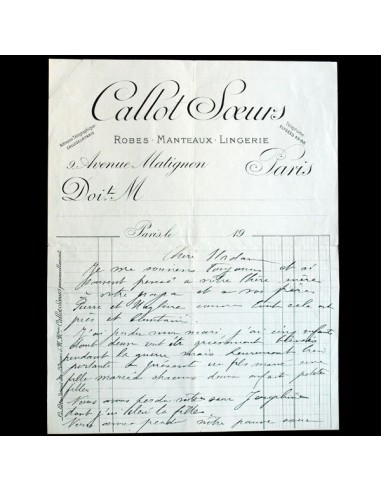 Lettre autographe signée de Madame Gerber des Soeurs Callot (1919) en ligne