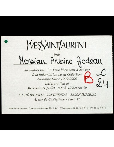 Carton d'invitation au défilé Yves Saint-Laurent du 21 juillet 1999, collection Automne-Hiver 1999-2000 Les êtres humains sont 