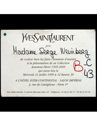 Carton d'invitation au défilé Yves Saint-Laurent du 21 juillet 1999, collection Automne-Hiver 1999-2000 acheter en ligne