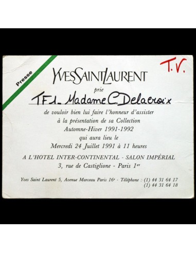 Carton d'invitation au défilé Yves Saint-Laurent du 24 juillet 1991, collection Automne-Hiver 1991-1992 En savoir plus