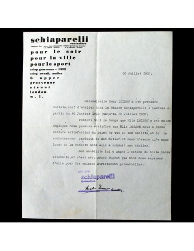 Schiaparelli - Certificat de travail d'une modiste à Londres (1937) Le MVP de beaucoup