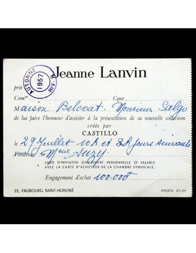 Carton d'invitation au défilé Jeanne Lanvin pour l'automne 1957 pas cher chine