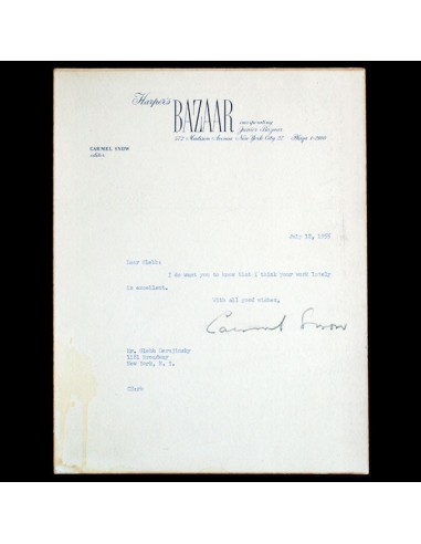 Lettre autographe signée de Carmel Snow à Derujinsky sur papier à en-tête du Harper's Bazaar (1955) du meilleur 