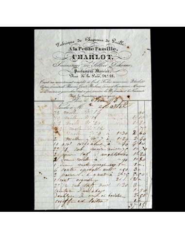 Facture de la fabrique de chapeaux de paille, A la Petite Famille Charlot, 28 rue de la Paix à Paris (1834) hantent personnes