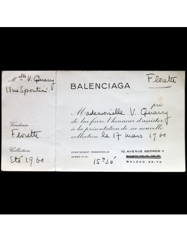 Balenciaga, invitation au défilé de présentation de la collection Eté 1960, 17 mars 1960 online