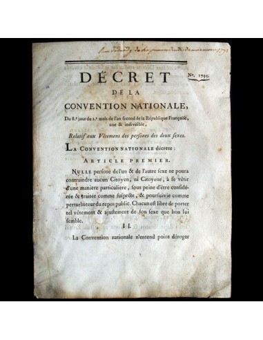 Décret de la Convention Nationale relatif aux Vêtements des personnes des deux sexes (1793) pas cher