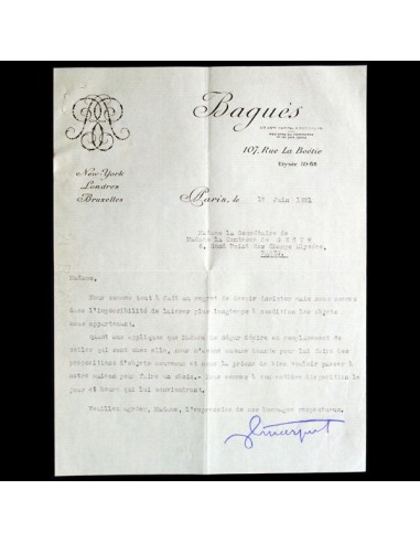 Lettre de la maison de lustres et de ferronnerie d'art Baguès adressée à la Comtesse de Ségur (1931) pas cher chine