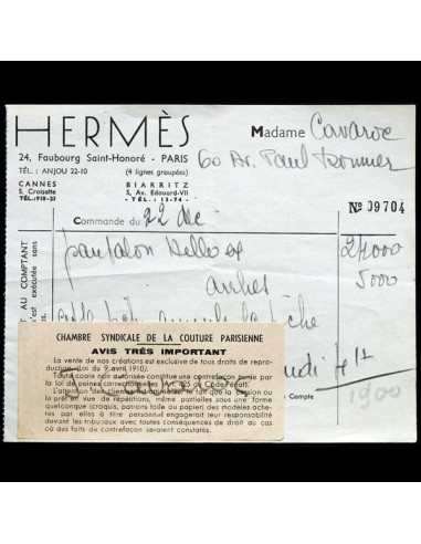 Hermès - Facture de la maison Hermes, circa 1930 en linge