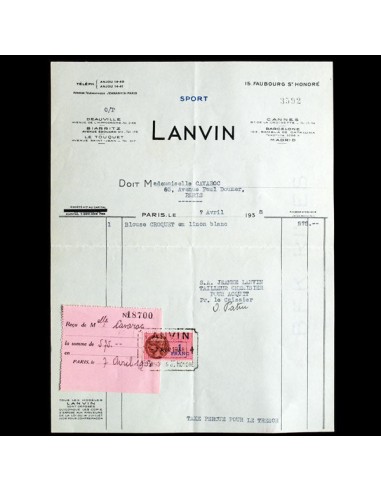 Facture de la maison Lanvin Sport, Paris (1938) offre 