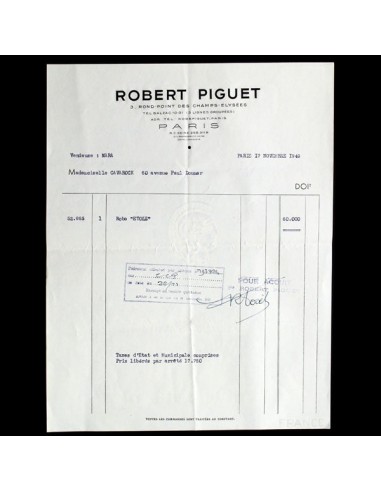 Facture de la maison Robert Piguet (1949) shop