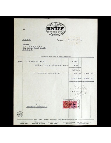 Facture du tailleur Knize, 146 avenue des Champs-Elysées à Paris (1944) de l' environnement