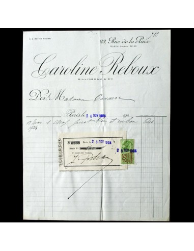 Facture de la maison Caroline Reboux, 23 rue de la Paix à Paris (1924) prix