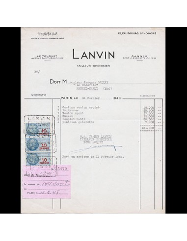 Facture de la maison Lanvin Tailleur Chemisier, 15 Faubourg Saint-Honoré à Paris (1948) l'évolution des habitudes 